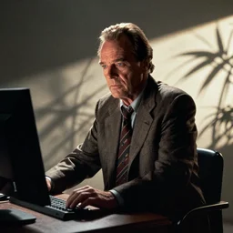 Jack Nicholson plays Terminator, scene where he uses computer, still from the film