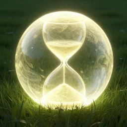 serpentine curve!!!, dissipate!!, unwind!, a 8k concept illustration of a large glowing ball, superimposed over an 8k field of grass. The surface of the sphere glows softly in the shape of an hourglass, and has a filigree texture that gives the impression of swirling leaves or butterflies.