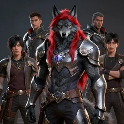 handsome dark gray anthropomorphic wolf fursona with long red hair wearing destiny 2 armor. character design by cory loftis, fenghua zhong, ryohei hase, ismail inceoglu and ruan jia. artstation, volumetric light, detailed, photorealistic, fantasy, rendered in octane