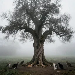 photographic portrait max ernst sad bonzai tree in fog, surrounded by cats, editorial