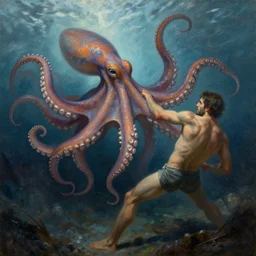 a dream fantasy painting of a octopus and a man fight for their life, in the deep, by beksinki, antonio j. manzanedo greg rutkowski, carne griffith trending on artstation, deviantart, photorealism