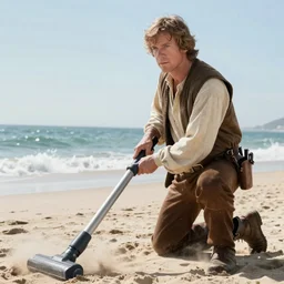Luke Skywalker vacuuming the beach to remove sand, ultra realistic, professional photo, 8k, Mark Hamill face,