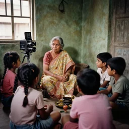 A grandma telling stories to kids in an Indian suburban home, Photograph by Andrei Tarkovsky, shot on a large format film camera, 8K