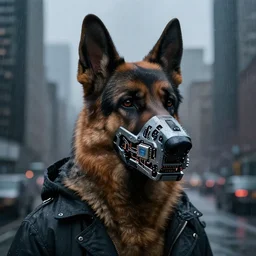 new york city portrait of furry anthro anthropomorphic german shepard head animal person fursona wearing clothes strange cybernetic muzzle exposed electronic circuits cyborg microchip gloomy rainy cyberpunk digital art by Greg Rutkowski, Simon Stalenhag, trending on Artstation, CGSociety