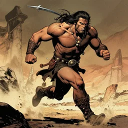 strong barbarian running through the badlands | action scene | dramatic lighting | Jim lee |