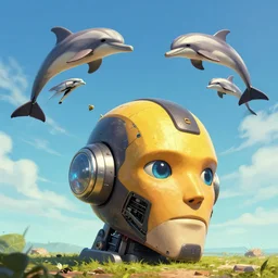 giant robot head on the ground while robotic dolphins are flying in the sky by beeple, digital art