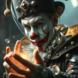 a portrait of putin clown's nose magician in glass armor releasing spell, full height, moving forward, cyberpunk concept art, trending on artstation, highly detailed, intricate, sharp focus, digital art, 8 k