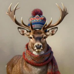 symmetry!! portrait of antlered deer wearing a colorful beanie!, scarf!, intricate, elegant, highly detailed, digital painting, artstation, concept art, smooth, sharp focus, illustration, art by artgerm and greg rutkowski and alphonse mucha, 8 k