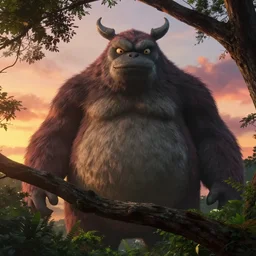 close up of a giant spirit monster rising from a forest. tree branch in foreground. 4 k, artgerm, high detail, dramatic lighting, sunset, hayao miyazaki, masashi ando, nizou yamamoto, kazuo oga, joe hisaishi, yoji takeshige, naoya tanaka