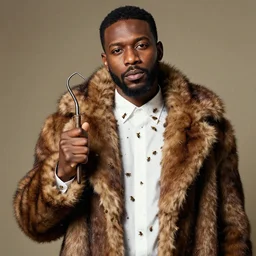 a portrait of an african american man wearing a brown fur coat, white shirt that is covered in bees and has a hook for a hand