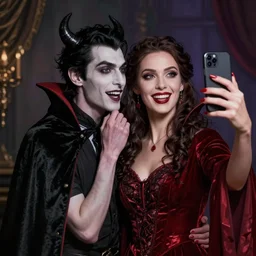 A woman taking a selfie with a vampire