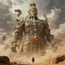 epic view of an ancient Desert surrounded by clouds, Portrait of a Giant imposing biomechanical Genie covered in jewels, ornate, biomechanical Genie, full of strange statues and murals, full of smoke and dust, hyper real, Indiana Jones, Tomb Raider, trending on artstation, concept art, cinematic, jewels, by Greg Rutkowski