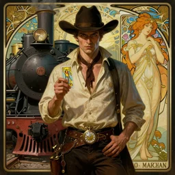 a dramatic ethereal epic symmetrical painting of a handsome villainous cowboy standing in front of a steam train locomotive | his shirt is unbuttoned and he has a pocketwatch | tarot card, art deco, art nouveau, ( steampunk ), homoerotic, realistic | by louis comfort tiffany and alphonse mucha | trending on artstation