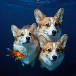 hyperrealist photo of floating corgi goldfish underwater dark ocean, blue lighting, by victo ngai and alphonse mucha very detailed faces