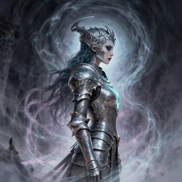 side profile, imogen poots, evil paladin, intricate metal armor, gloomhaven, luminescent, evil dark swirly ripples, sickly pastel colors, by greg manchess, huang guangjian, gil elvgren, sachin teng, greg rutkowski, jesper ejsing, ilya kuvshinov