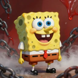 SpongeBob, realistic and ultra intricate detailed soft painting, volumetric lighting, mist, chains and red fluid background, Artstation, Tom Bagshaw Yasushi Nirasawa Moebius artstyle, unreal render, depth of field