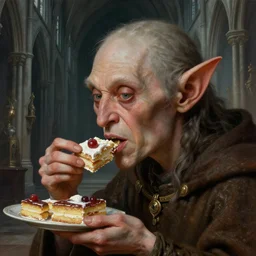 profile portrait of a medieval goblin eating cakes in the cathedral, beautiful face, hyper realistic, highly detailed, digital painting, artstation, illustration, hyung tae, frank frazetta, bosch, giger, digital paint, matte paint, washed colors, dark, gloomy, detailed and intricate environment