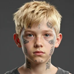 detailed render of a blonde boy with face tattoos