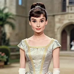 anime visual, portrait of audrey hepburn in a ornate dress outside in the medieval city square looking at the fantasy palace in the distance, cute face by yoh yoshinari ≈, alphonse mucha, dynamic pose, dynamic perspective, rounded eyes, moody, psycho pass, kyoani, gustav klimt, cel shade, yoh yoshinari