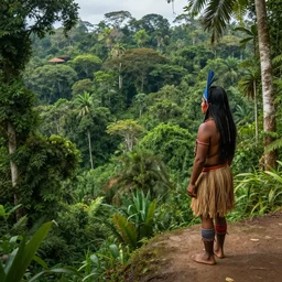 an isolated indigenous tribe overlooking a ledge towards the jungle below in dense amazon forest | highly detailed | very intricate | vivid lighting | by asher brown durand and eddie mendoza | featured on artstation