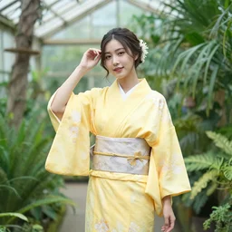 a beautiful woman wearing a yellow kimono in a tropical greenhouse