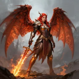 a battle ready red haired valkyrie with gargoyle wings and a fiery sword, fantasy concept art