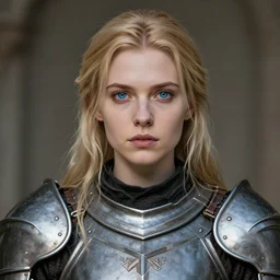 fantasy RPG symmetrical portrait, centered shoulders up view, young blonde woman, blonde hair, blue eyes, level 1 plate armour, pale skin, 4k, by greg rutkowski, highly detailed, soft lighting 8k resolution