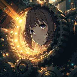 brutal illustration of anime girl being consumed by an endless spiral of gears and industrial lights, decimated by the machine, beautiful upper body shot, pretty face and eyes by davinci, bloom effect, lens flares, pixiv contest winner, trending on artstation, cgsociety, danbooru, gelbooru