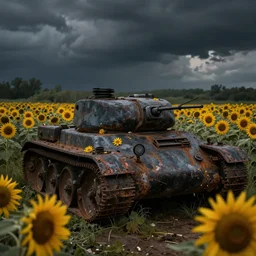 old tank being overgrown by sunflowers, Minsk in background, dark, eerie, despair, portrait photography, artstation, digital art, adward winning, concept art, artstation, highly detailed, sharp focus, by caravaggio