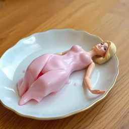 realistic photo of a barbie body melted into a plastic mass on a porcelain dish