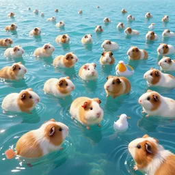 hyper realistic cute guineapigs everywhere are swimming under vast sea, by simon stalenhag, yoko taro, christian macnevin, wlop and krenz cushart, epic fantasy character art, volumetric outdoor lighting, midday, high fantasy, cgsociety, cheerful colours, full length, exquisite detail, post - processing, masterpiece, cinematic, 4 k, 8 k