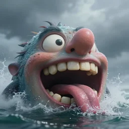 of a stormy ocean with large strange goofy drunk creatures with big mouth, long tongue, weird nose, and square teeth appearing from the misty waters, in the style of yang na, macro lens, shallow depth of field, highly detailed, digital painting, trending artstation, concept art, illustration, cinematic lighting, vibrant colors, photorealism, epic, octane render