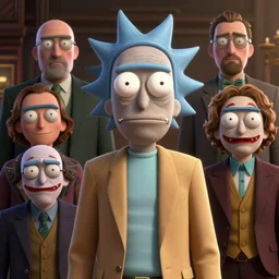 A Pixar animated character, Guy who's a combination of Travis Bickle, Tyler Durden, Rick from Rick and Morty, The Wolf of Wall Street, Scarface, Don Draper, Walter White, the guy from A Clockwork Orange, The Joker and Patrick Bateman, 3D model character render
