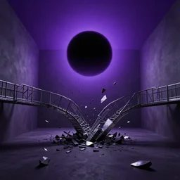 a dark matter of purple sky with a black sun falls to the ground and breaks into fragments, metallic bridge, futurism, schizophrenia, hyperrealistic fall, closed limbo room