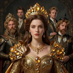 queen of pyrite, citrine, tiara, beauty. intricate environment, art by rossdraws, thomas kinkade, krenz cushart, ilya kuvshinov, peter mohrbacher, greg rutkowski, craig mullins. unreal engine 5, blender, octane, ray tracing, dramatic studio lighting, sharp focus, masterpiece, post processing