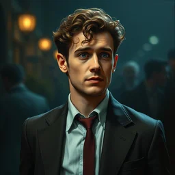 portrait painting ofa man of 3 0, curly brown hair, journalist, wearing a cheap suit, looking gaunt, confident man, full of hope aunreal render cinematic lighting art 1 9 2 0 period drama by bussiere rutkowski andreas rocha