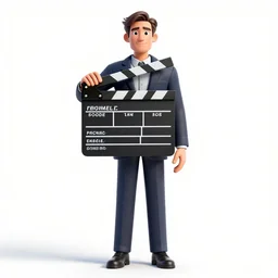 elegant film director with clapperboard, detailed 3d character render, full body, standing, isolated on a pure white background, centered, whole figure in frame, sharp focus, studio lighting