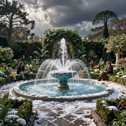 the secret garden. frozen fountain. no snow. andreas achenbach, artgerm, mikko lagerstedt, zack snyder, tokujin yoshioka