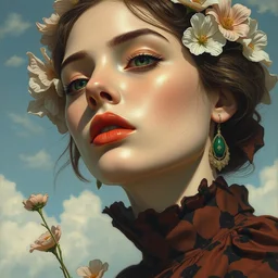 close - up fashion woman portrait airy flowers clouds art by vasnetsov