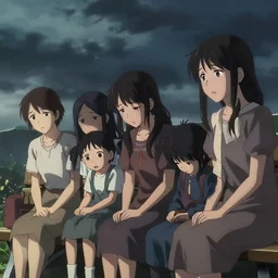 a family with sorrow faces sitting on a bench, dramatic sky, close up shot, anime art, Greg Rutkowski, dramatic lighting