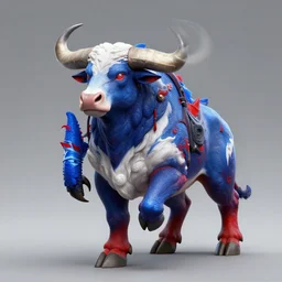 buffalo coated with majestic blue, white and red body amor, full body shot, creature design, high fantasy, trending on artstation