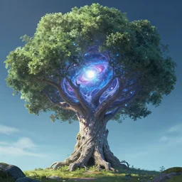 a giant glimmering tree with a big trunk that forms a round portal to otherworldly galaxies, pixiv fanbox, cinematic light, anime style, graphic novel by fiona staples and dustin nguyen, peter elson, alan bean, wangechi mutu, clean cel shaded vector art