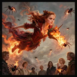 giant flying fire breathing emma watson lighting dmt's spiders on fire, medium shot, disney concept artists, blunt borders, rule of thirds, by jaime jones, tom bagshaw, lawrence alma - tadema, greg rutkowski, helmut newton, artgem, fantasy art, intricate, elegant, highly detailed, 8 k, digital painting, sharp focus, mythological, ultra realistic, cinematic lighting, maximalist, hyperrealist