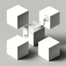 cubes and tesseracts. retro art by jean giraud. fibonacci. white and grey colors