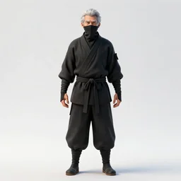 elderly ninja in black garb, detailed 3d character render, full body, standing, isolated on a pure white background, centered, whole figure in frame, sharp focus, studio lighting