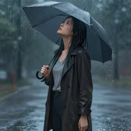 woman standing in the rain looking up, digital art, artstation