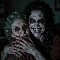 when your mother-in-law comes to a visit watching you, creepy smiling, horror theme, detailed, evil, close up, intricate, 4k, no text