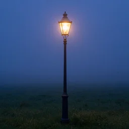 a victorian street lamp in a foggy field at dusk, indigo sky