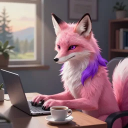 A light pink fox with purple hair sits at a desk typing on a laptop with a cup of coffee, digital painting, furry fandom, detailed
