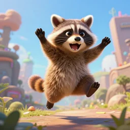 concept art for exciting funny video game with happy raccoon jumping, beautiful, blender, global illumination, detailed, concept art, trending on artstation